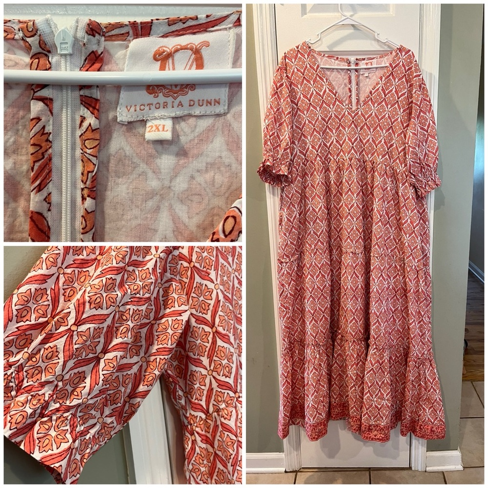 Victoria Dunn  100% cotton and pockets Coral and White Boho Dress size 2xl bin1